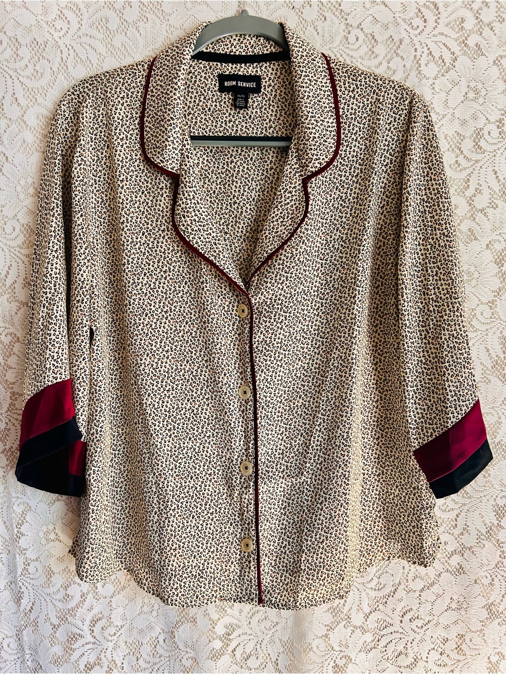 Room Service Leopard Print Pajama Set XL Satin Trim Button Front Lounge Sleep